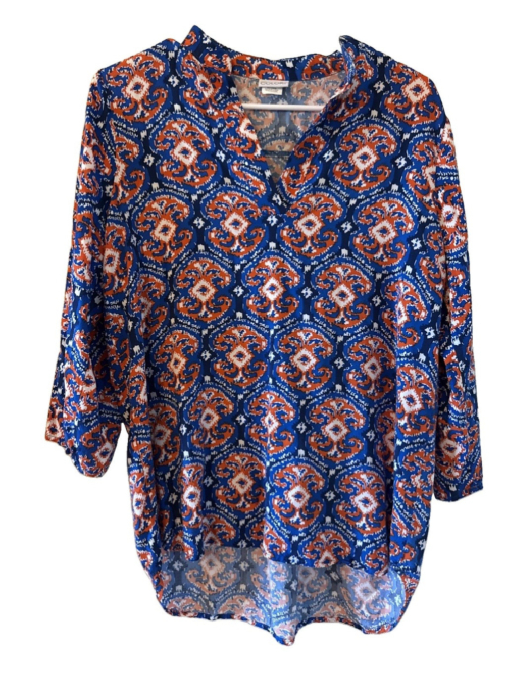 All For Color Women’s Orange And Blue Rayon 3/4 Length Sleeve Top